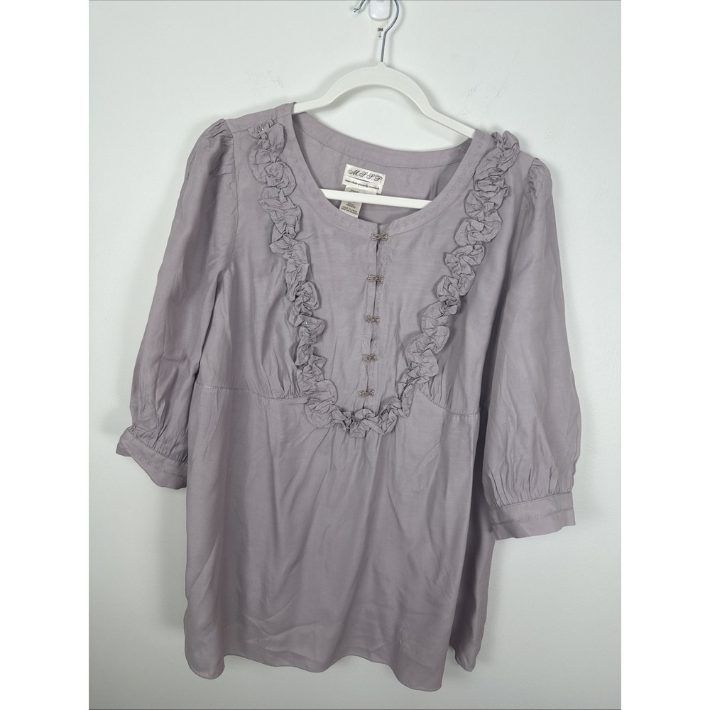 M.S.S.P Lilac Mauve 3/4 Sleeve Frog Button Ruffled Flowy Loose Boho Tunic Top 1X